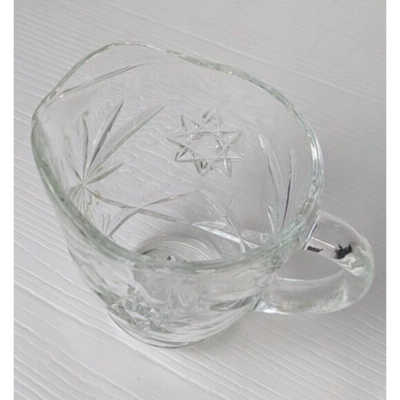 Vintage Pressed Glass Lidded Sugar and Creamer Set Star Pattern 3-1/2" - Picture 2 of 13
